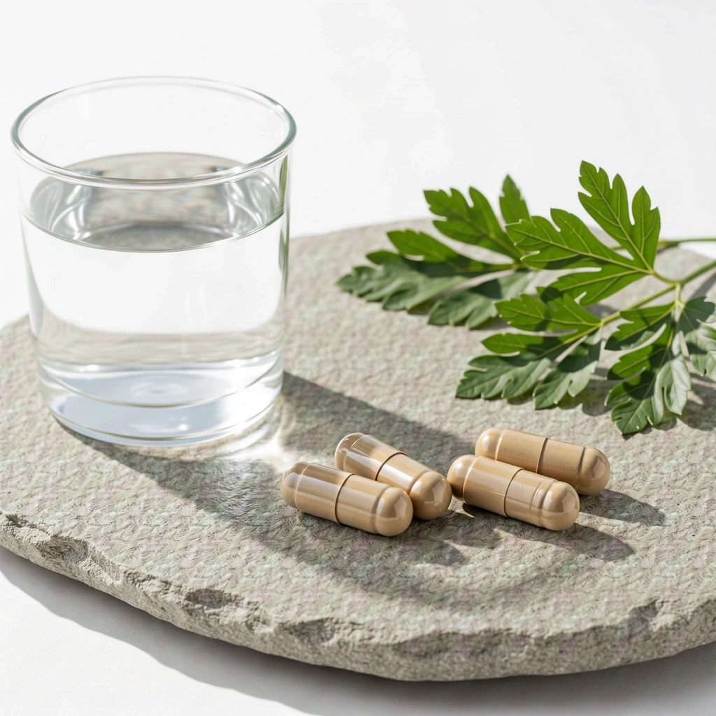 Natural supplement capsules on a stone surface